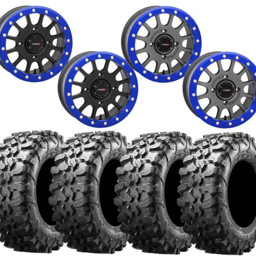 System 3 SB-5 PlanetSXS BLUE Beadlock Wheel and Maxxis Carnivore Tire Kit